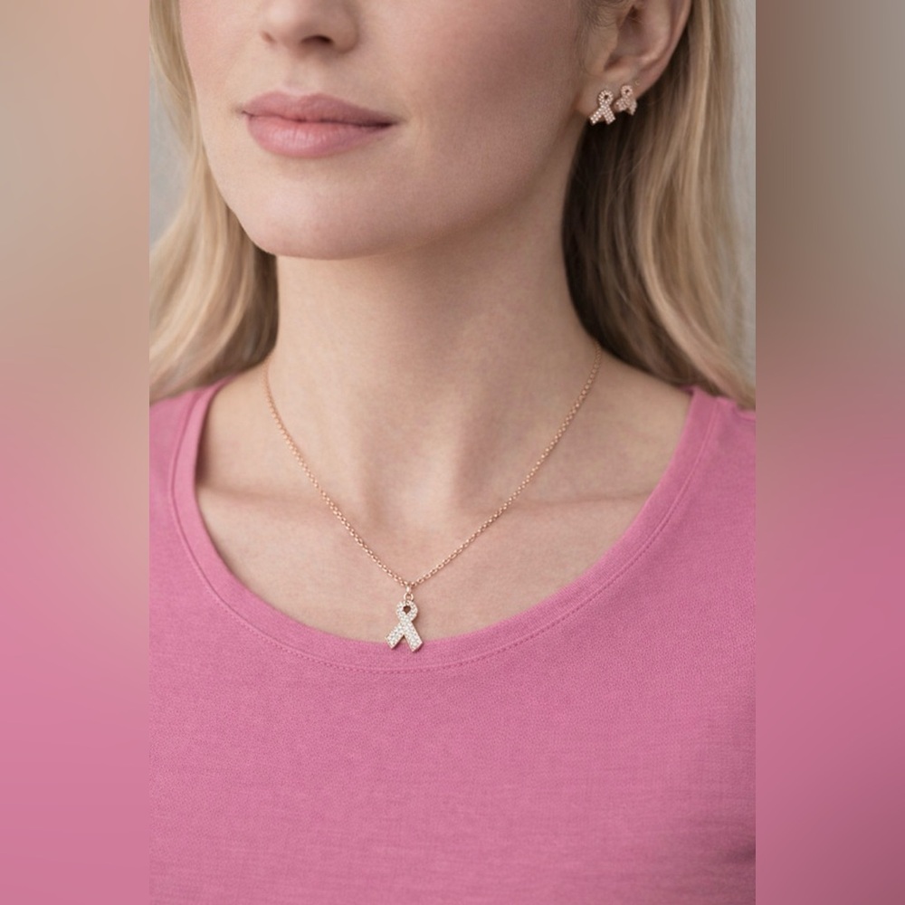 Pink Gold Breast Cancer Awareness Set Necklace & Earrings Set NEW Costume